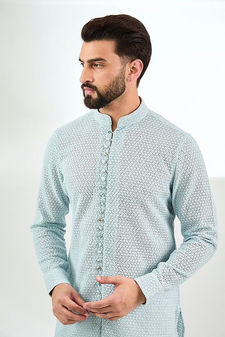 Powder Blue Organza Printed & Silk Thread Embroidered Kurta Set by ARJAN DUGAL at Pernia's Pop Up Shop