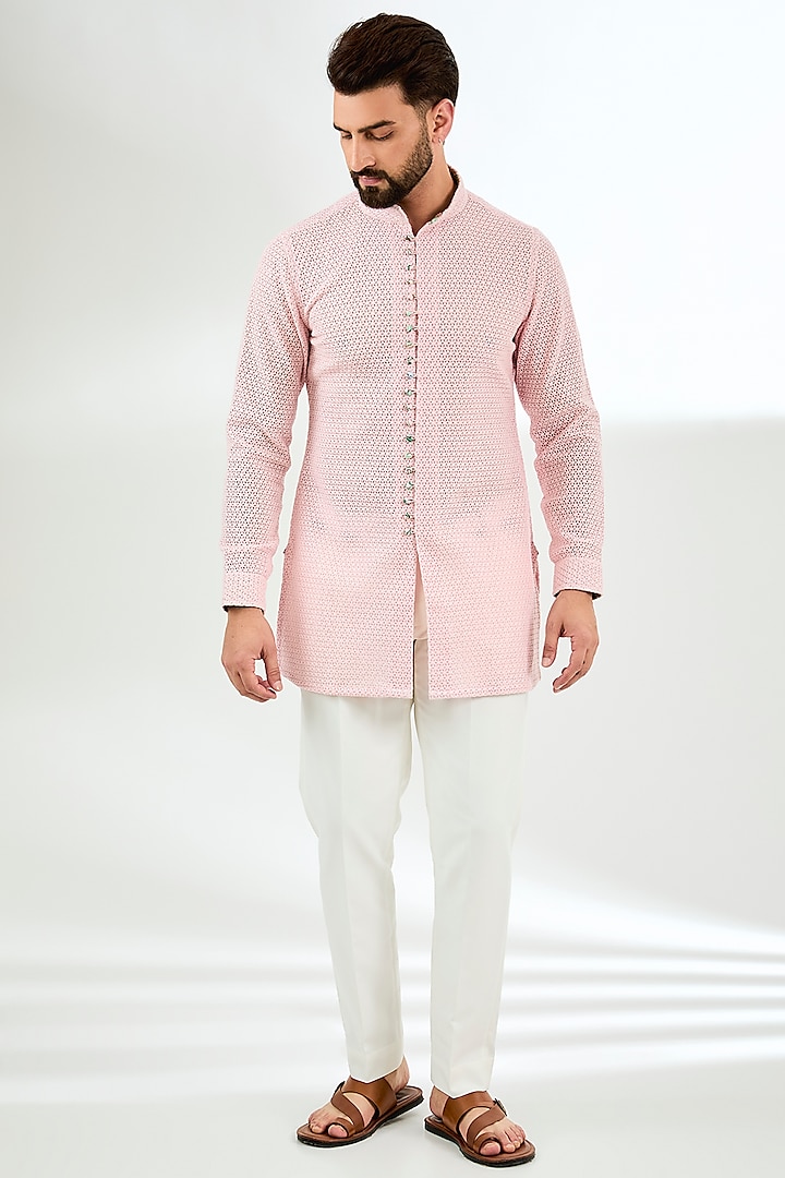 Powder Pink Organza Printed & Silk Thread Embroidered Kurta Set by ARJAN DUGAL at Pernia's Pop Up Shop