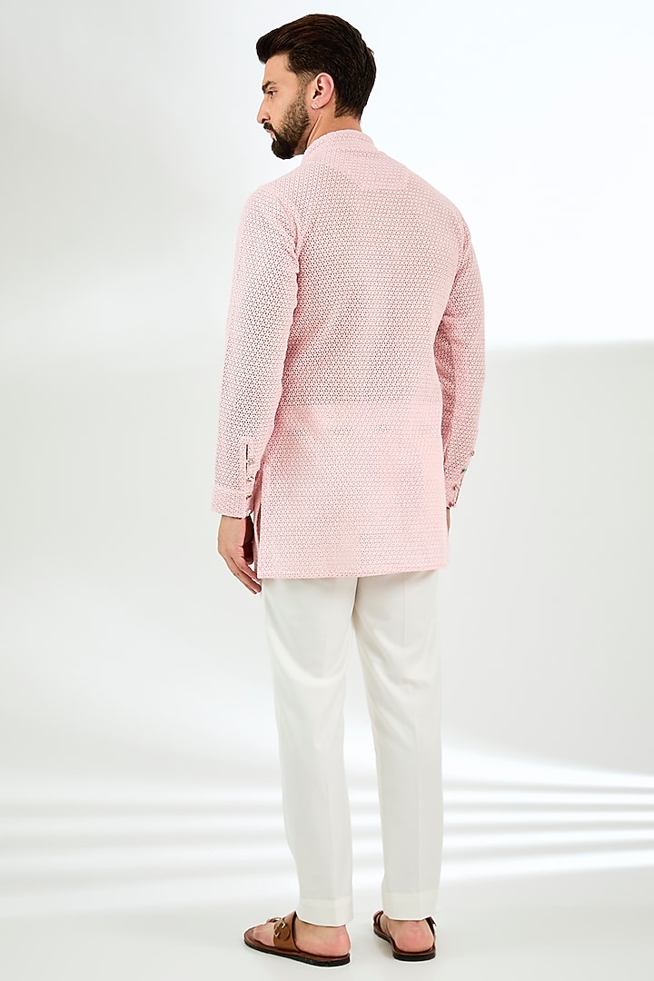 Powder Pink Organza Printed & Silk Thread Embroidered Kurta Set by ARJAN DUGAL at Pernia's Pop Up Shop