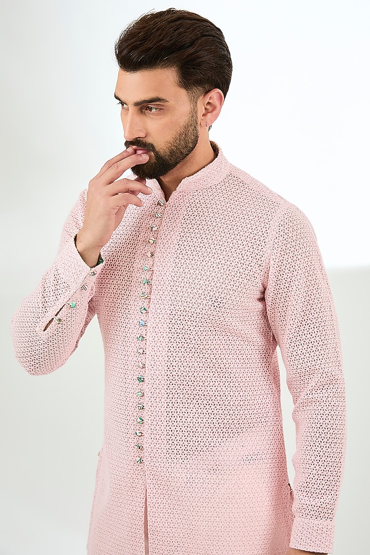 Powder Pink Organza Printed & Silk Thread Embroidered Kurta Set by ARJAN DUGAL at Pernia's Pop Up Shop