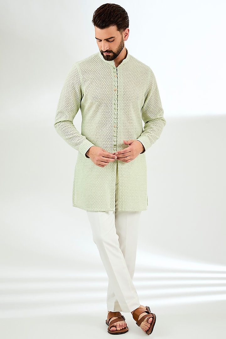 Sage Green Organza Printed & Silk Thread Embroidered Kurta Set by ARJAN DUGAL at Pernia's Pop Up Shop