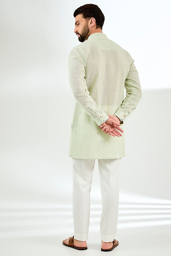 Sage Green Organza Printed & Silk Thread Embroidered Kurta Set by ARJAN DUGAL at Pernia's Pop Up Shop