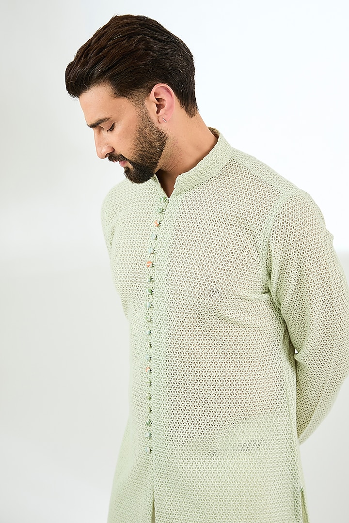 Sage Green Organza Printed & Silk Thread Embroidered Kurta Set by ARJAN DUGAL at Pernia's Pop Up Shop