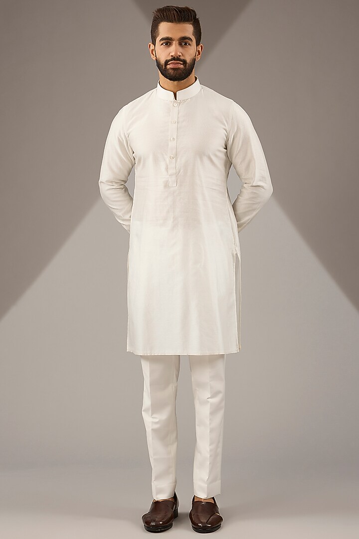 Ivory Organza & Muga Silk Hand Embroidered Kurta Set by ARJAN DUGAL at Pernia's Pop Up Shop