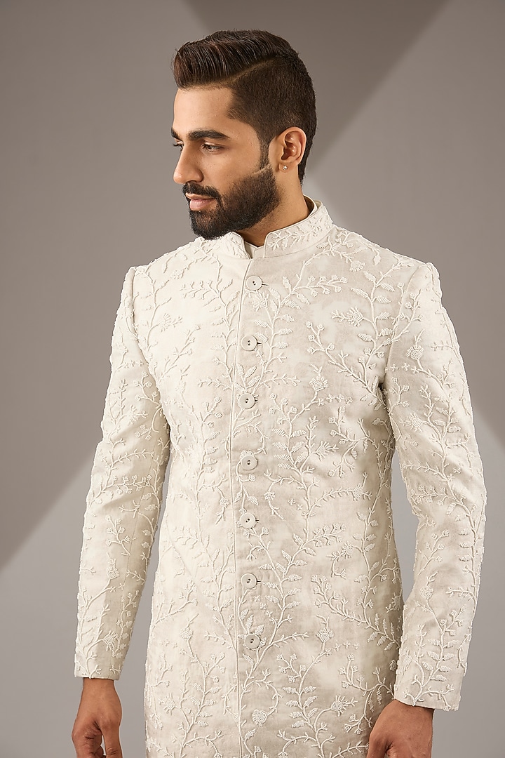 Ivory Organza & Muga Silk Hand Embroidered Kurta Set by ARJAN DUGAL at Pernia's Pop Up Shop