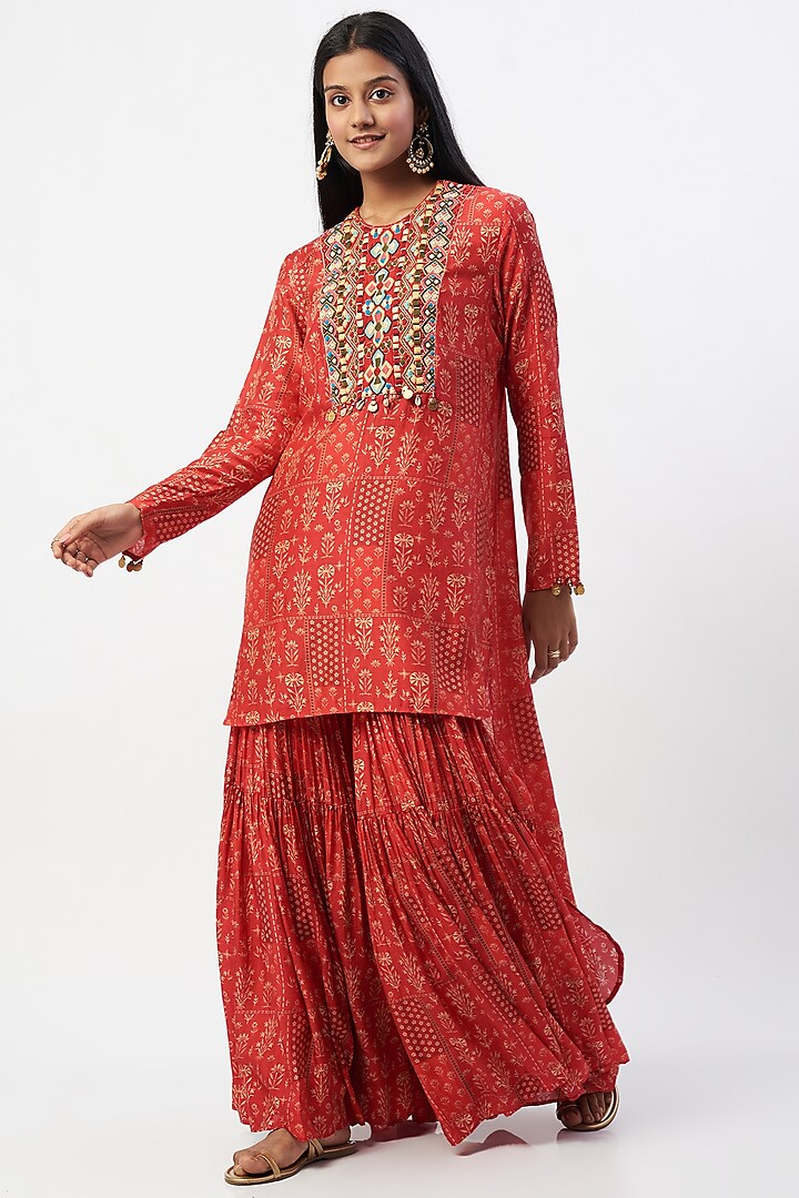 Red Embroidered & Printed Asymmetrical Sharara Set by Label Anushree