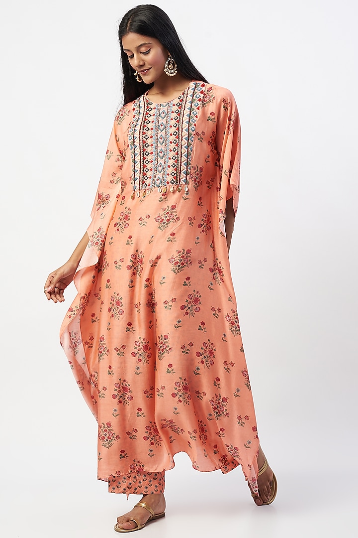 Peach Embroidered & Printed Kaftan Set by Label Anushree