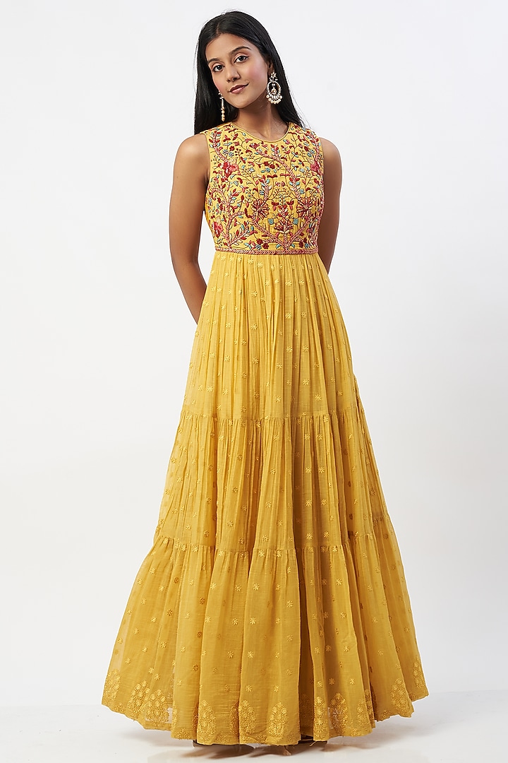 Olive Maxi Dress With Thread Work by Label Anushree