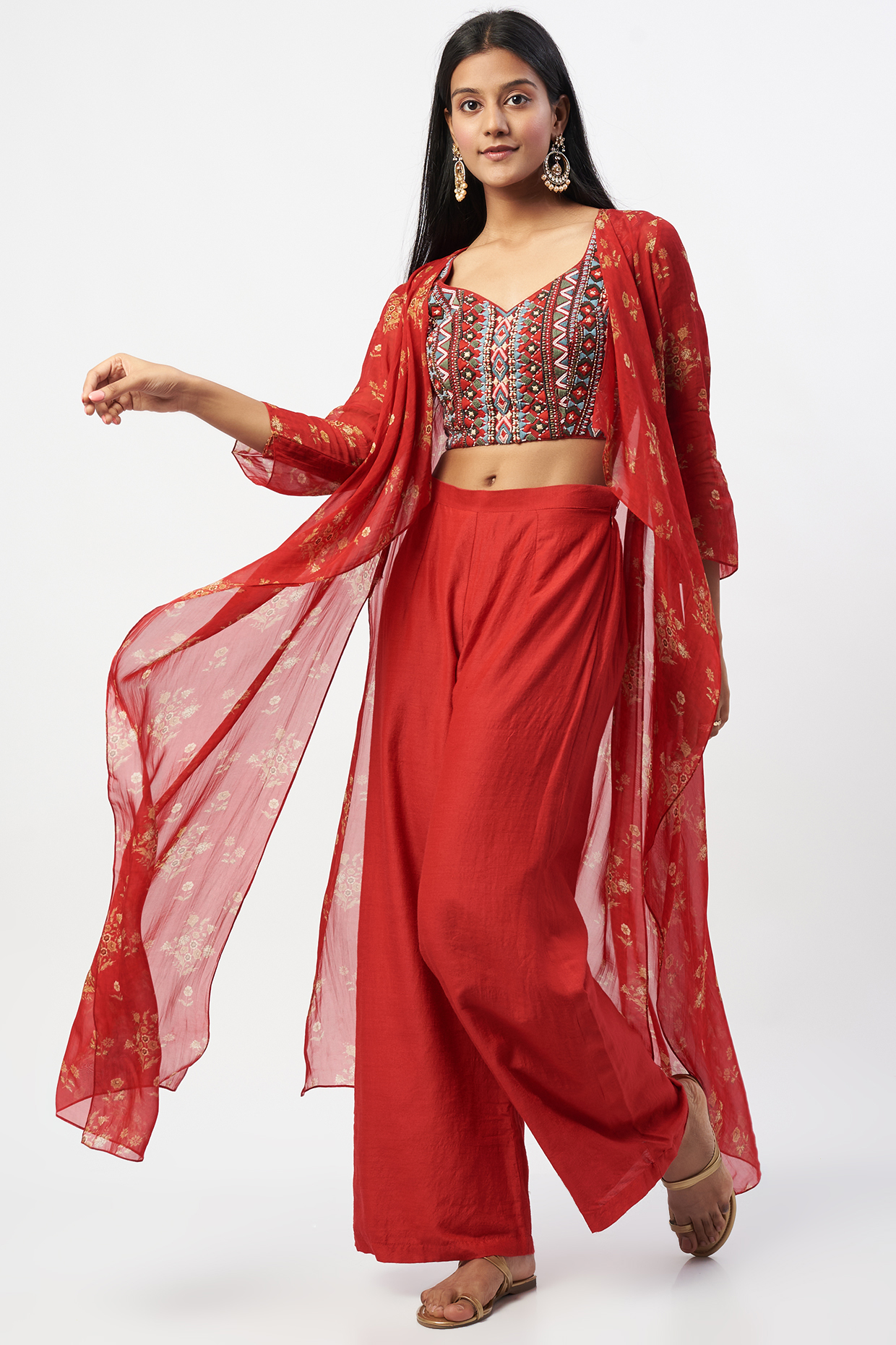 Red Printed Asymmetrical Cape Set by Label Anushree at Pernia's Pop Up Shop