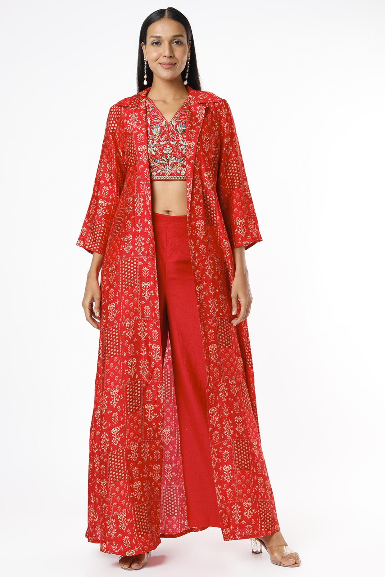 Red Silk Printed Cape Set by Label Anushree at Pernia's Pop Up Shop