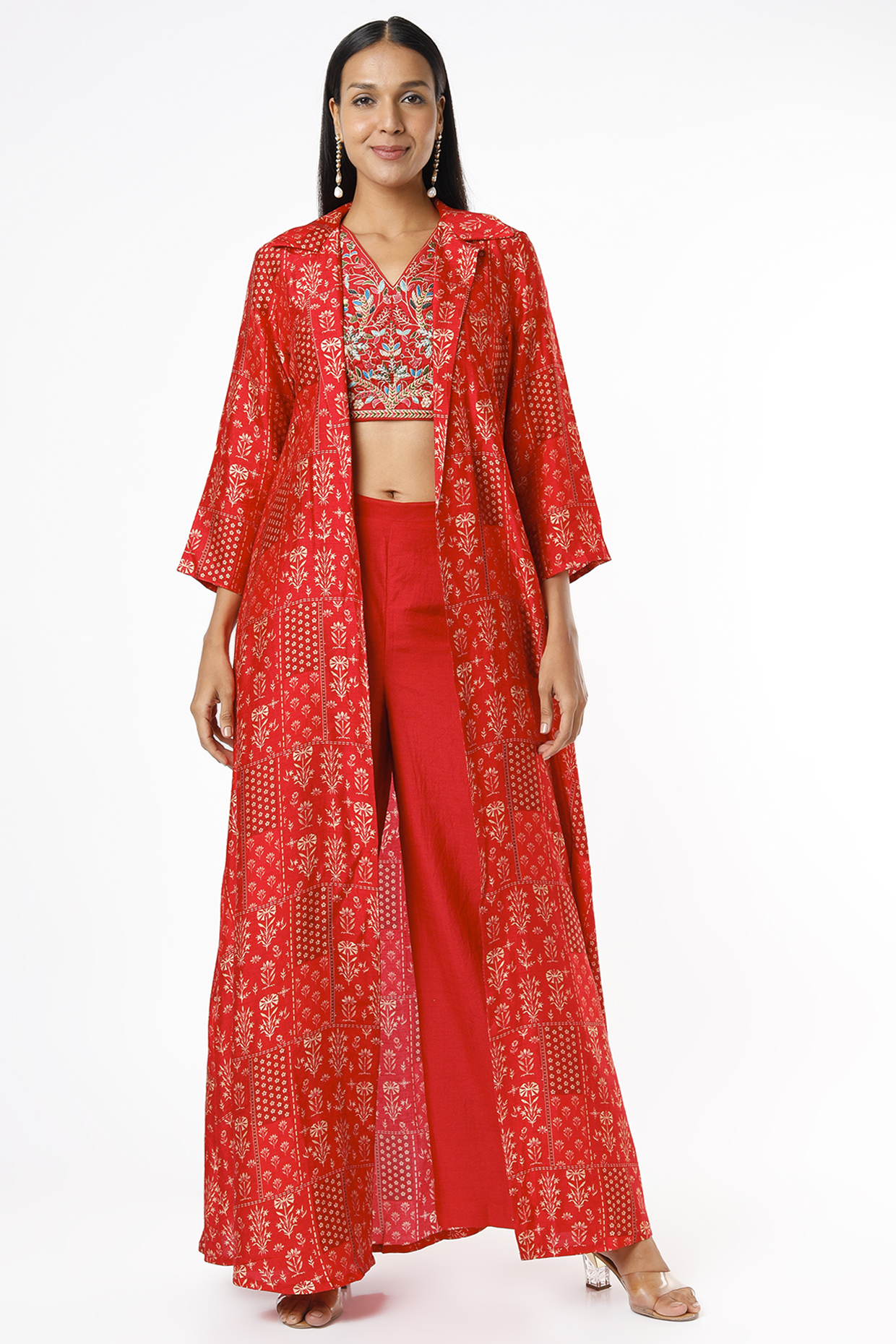 Red Silk Printed Cape Set by Label Anushree