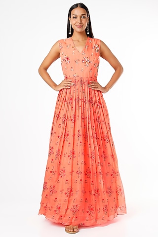 Peach Printed Maxi Dress by Label Anushree