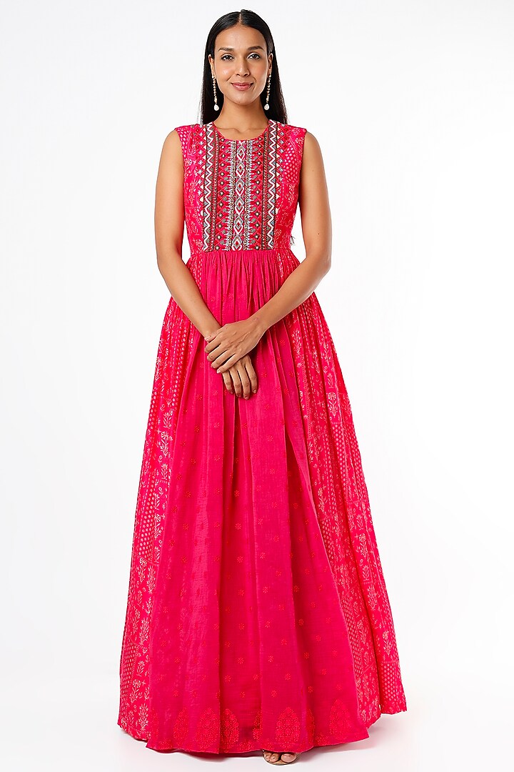 Pink Silk Printed Maxi Dress by Label Anushree