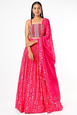 Pink Silk Printed Lehenga Set by Label Anushree
