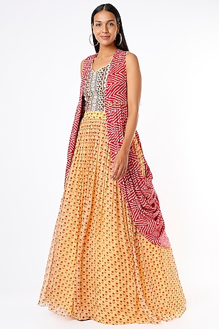 Beige Silk Printed Lehenga With Cape by Label Anushree