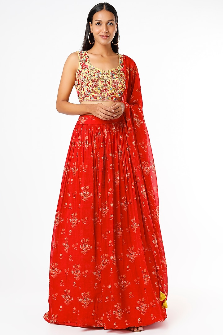 Red Embroidered Lehenga Set by Label Anushree