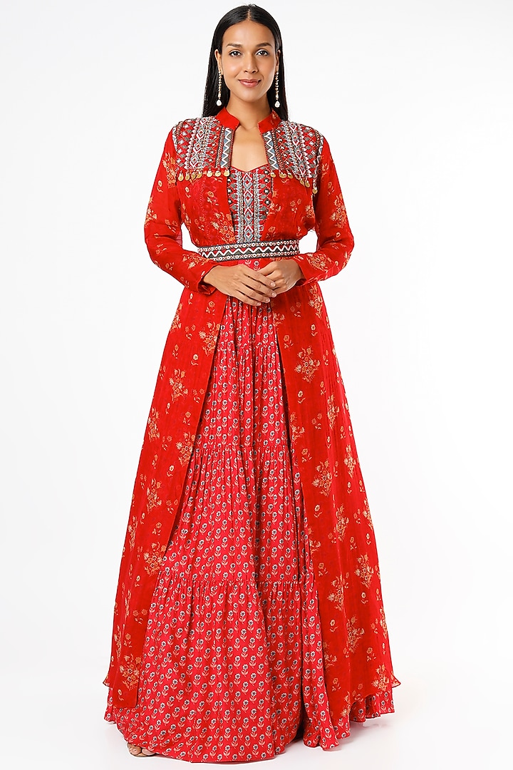 Red Embroidered Lehenga Set by Label Anushree