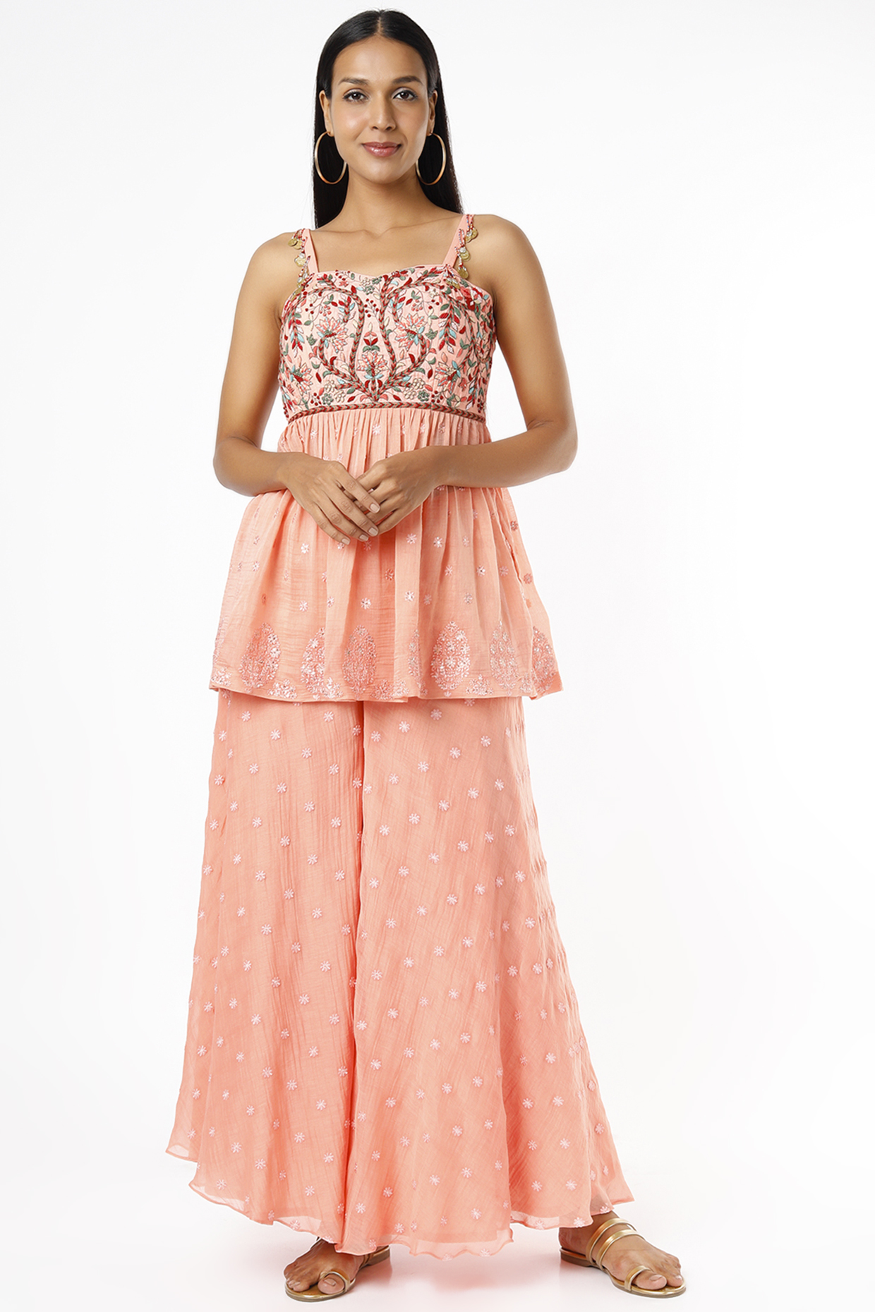 Peach Embroidered Pant Set by Label Anushree at Pernia's Pop Up Shop