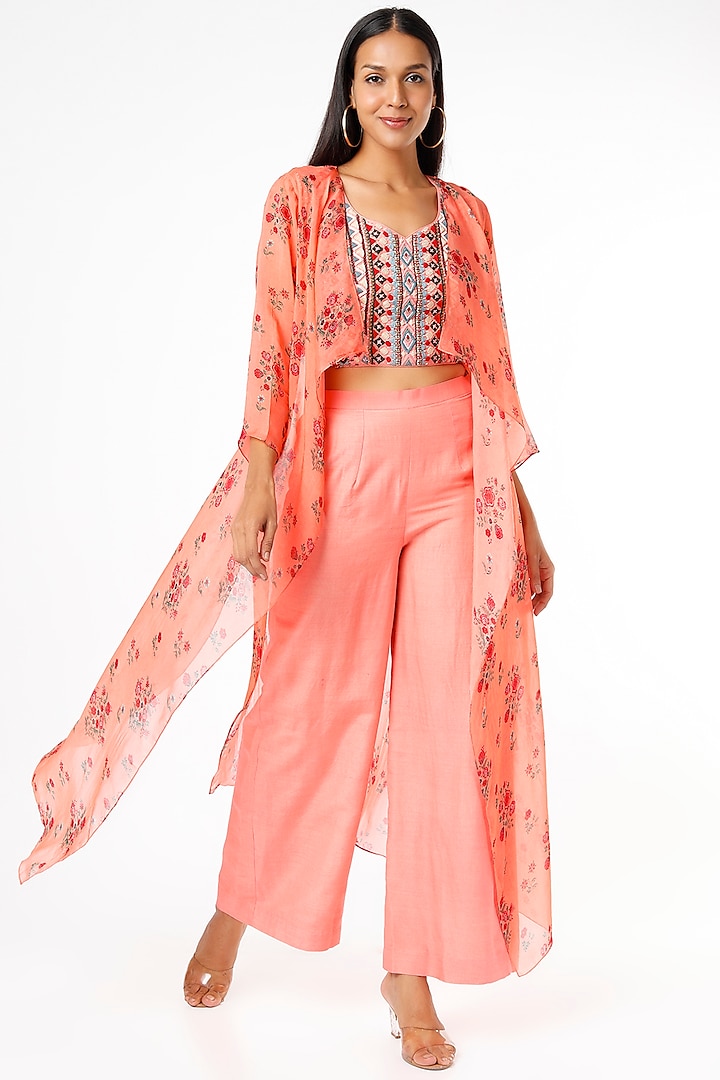 Peach Embroidered Pant Set by Label Anushree