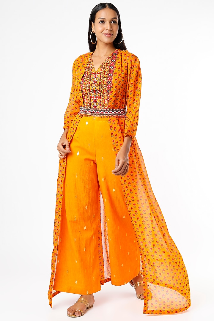 Mustard Embroidered Pant Set by Label Anushree