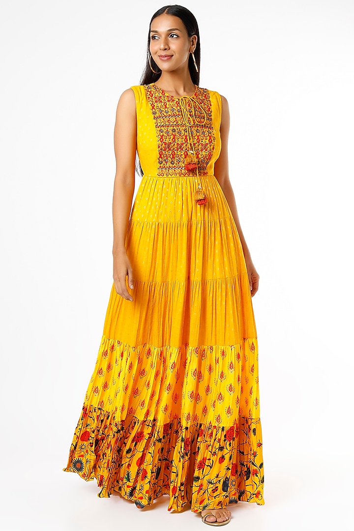 Mustard Embroidered Maxi Dress by Label Anushree