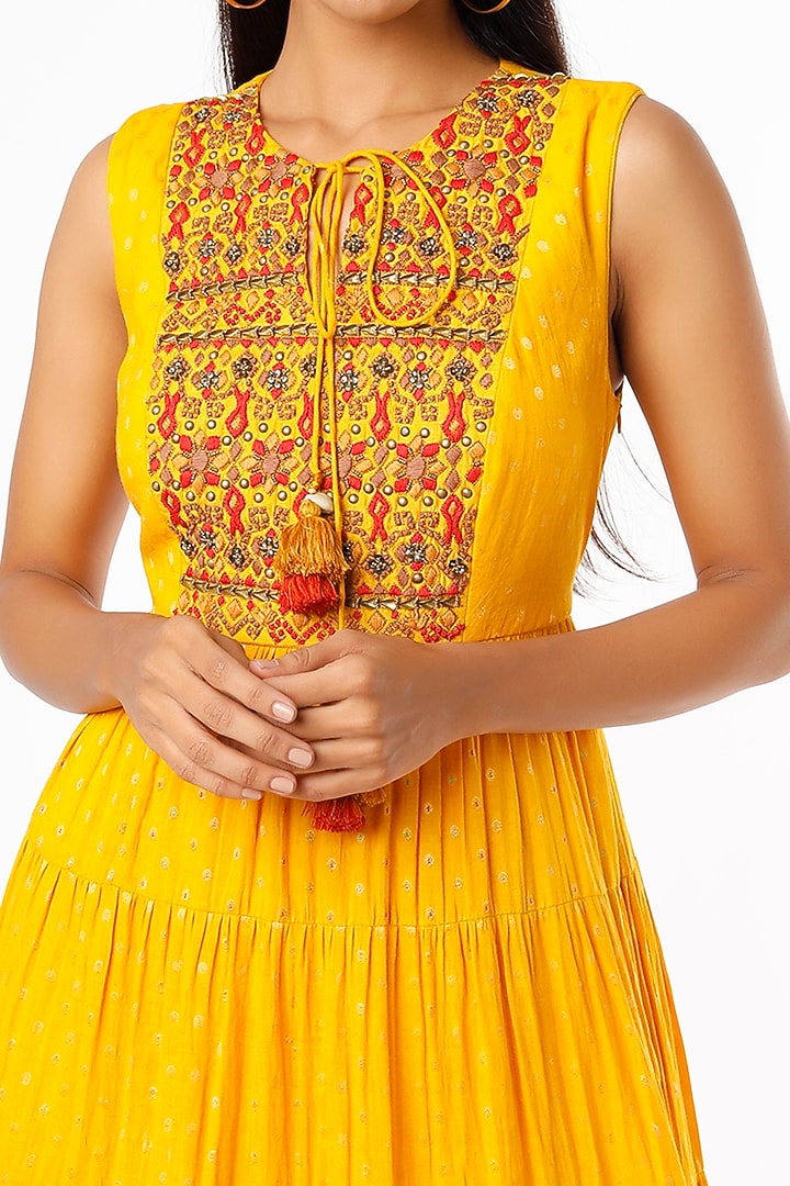 Mustard Embroidered Maxi Vacation Dress by Label Anushree at Pernia's Pop Up Shop