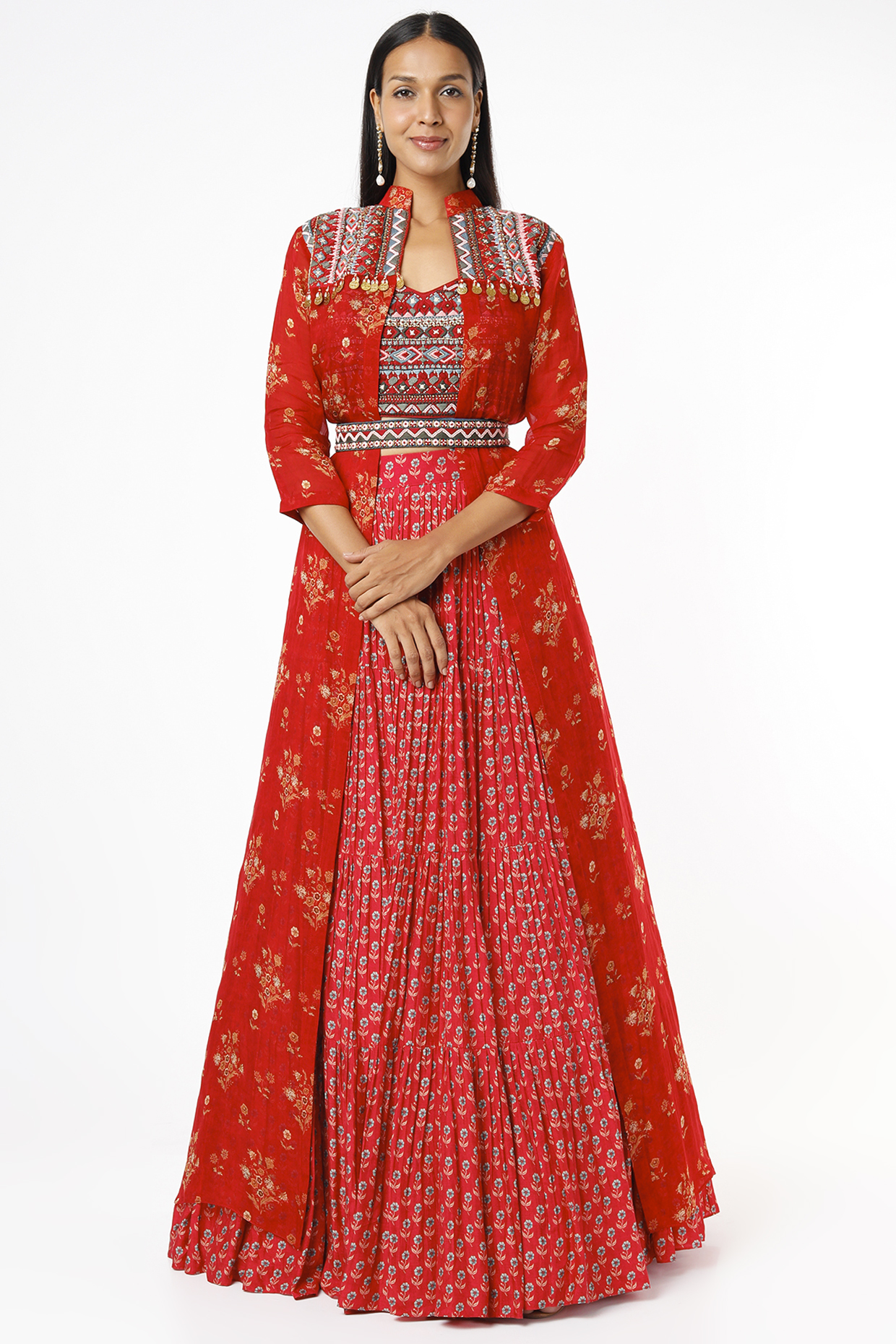 Red Silk Embroidered Jacket Lehenga Set by Label Anushree