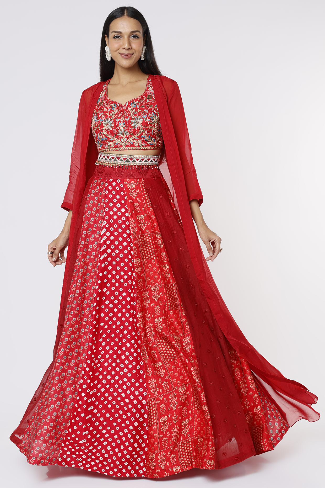 Bright Red Silk Panelled Skirt Set by Label Anushree at Pernia's Pop Up Shop