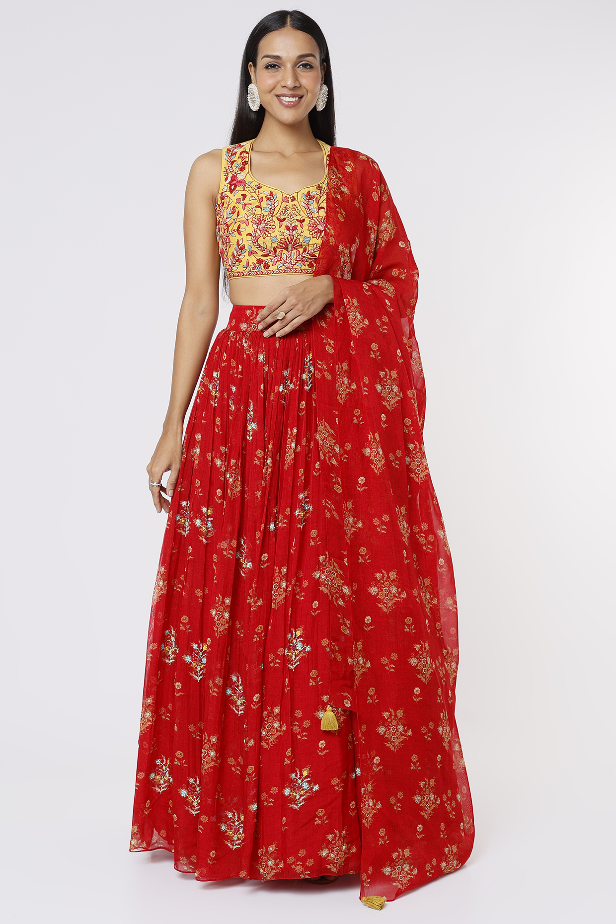 Cadmium Red Printed Skirt Set by Label Anushree at Pernia's Pop Up Shop