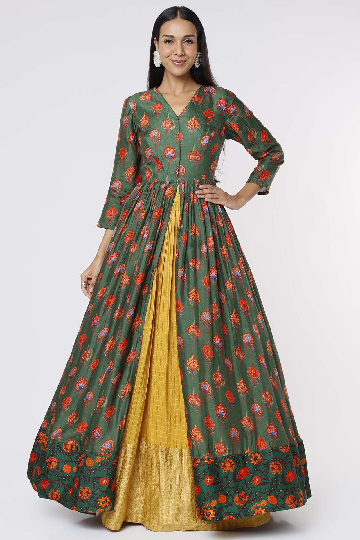 Dark Green Silk Printed Cape Set by Label Anushree at Pernia's Pop Up Shop