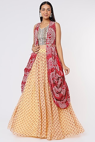 Beige Printed Skirt Set With Cadmium Red Cowl Cape by Label Anushree