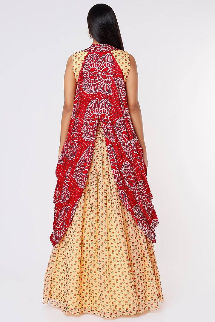 Beige Printed Skirt Set With Cadmium Red Cowl Cape by Label Anushree at Pernia's Pop Up Shop