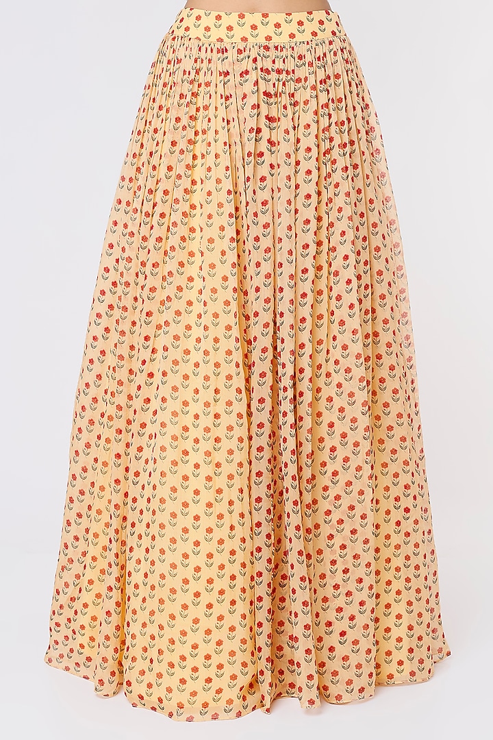 Beige Printed Skirt Set With Cadmium Red Cowl Cape by Label Anushree at Pernia's Pop Up Shop