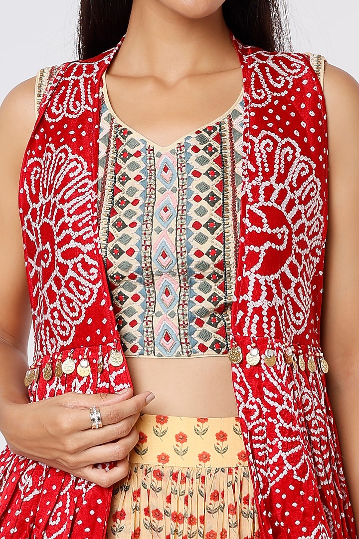 Beige Printed Skirt Set With Cadmium Red Cowl Cape by Label Anushree at Pernia's Pop Up Shop