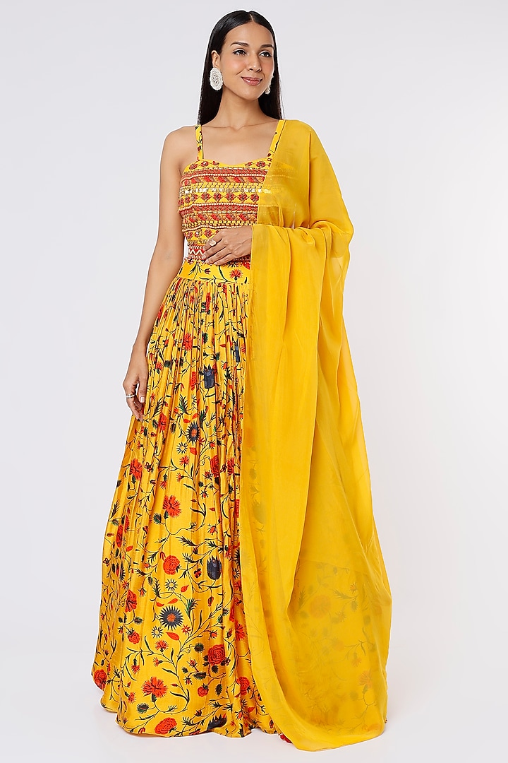 Citrus Yellow Printed Gathered Skirt Set by Label Anushree