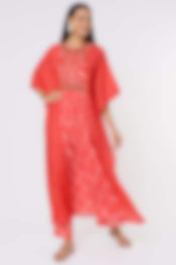 Bright Red Embroidered & Printed Kaftan Set by Label Anushree
