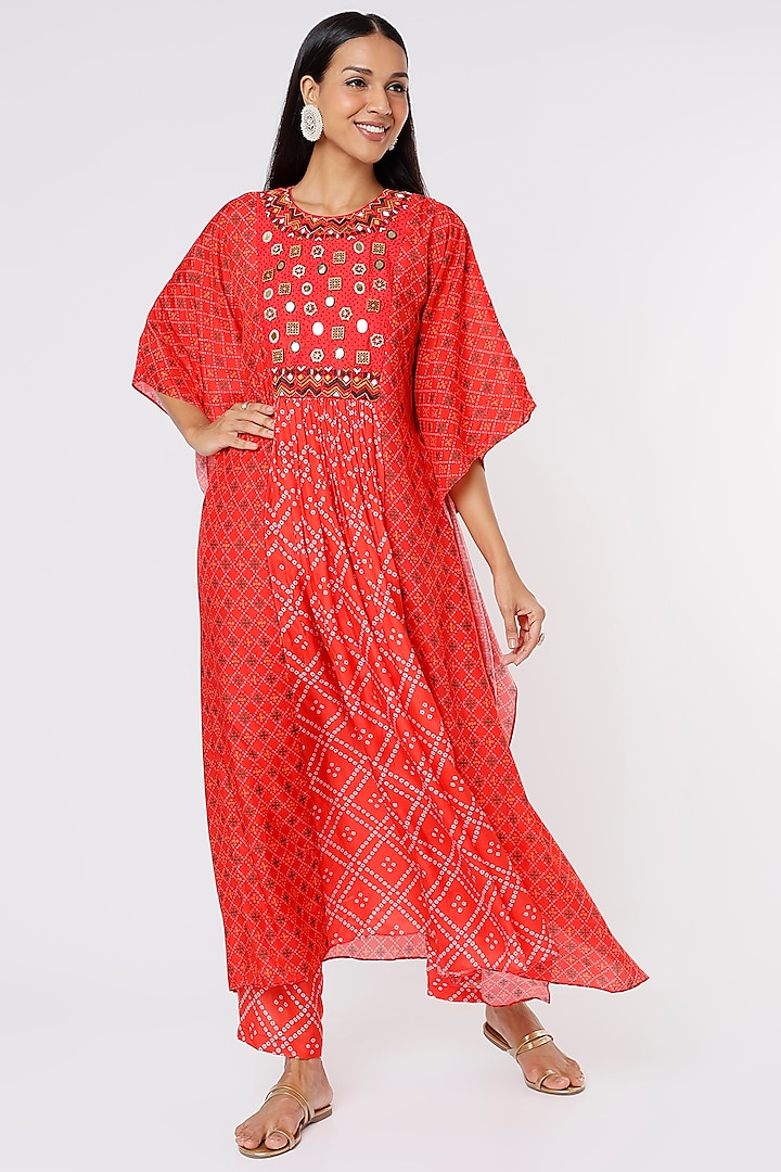 Bright Red Embroidered & Printed Kaftan Set by Label Anushree