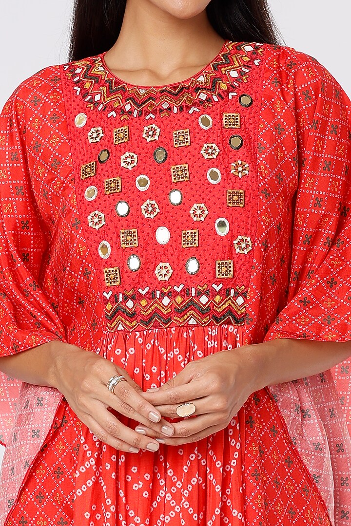 Bright Red Embroidered & Printed Kaftan Set by Label Anushree at Pernia's Pop Up Shop