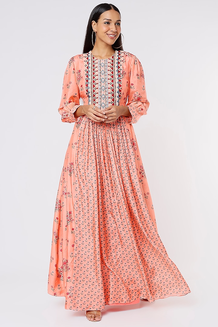 Peach Printed Maxi Dress by Label Anushree