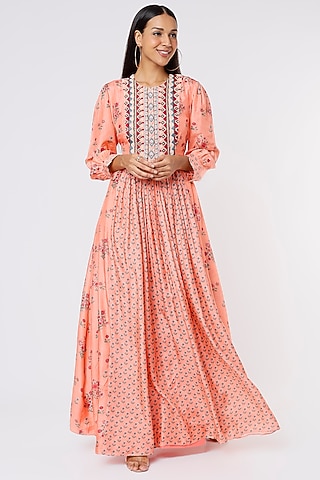 Peach Printed Maxi Dress by Label Anushree