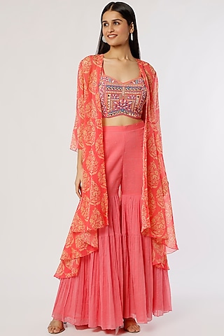 Coral Pink Mulmul Sharara Set by Label Anushree