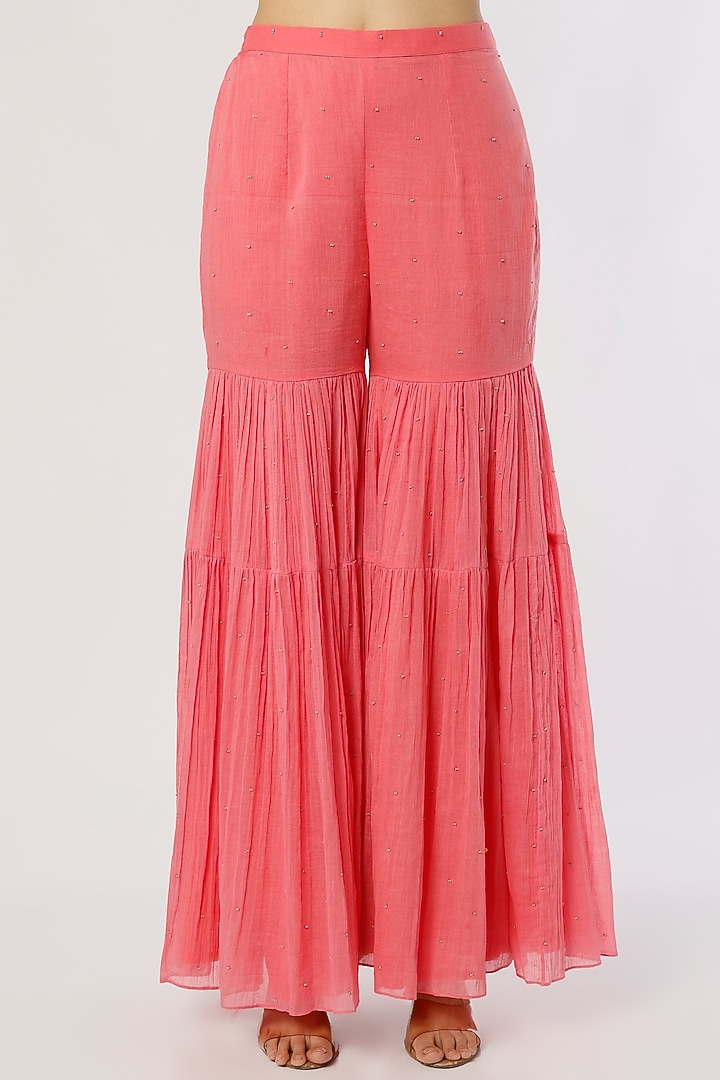 Coral Pink Mulmul Party Wear Sharara Set by Label Anushree at Pernia's Pop Up Shop
