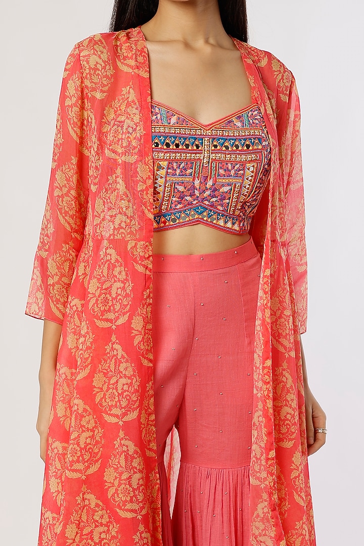 Coral Pink Mulmul Party Wear Sharara Set by Label Anushree at Pernia's Pop Up Shop