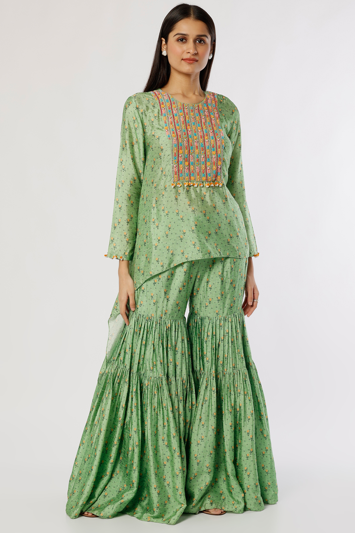 Sage Green Silk Party Wear Sharara Set by Label Anushree at Pernia's Pop Up Shop