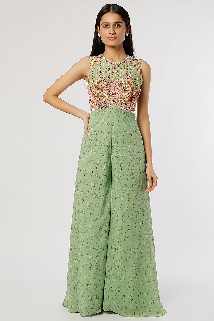 Green Embroidered Jumpsuit by Label Anushree