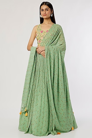 Sage Green Printed Skirt Set by Label Anushree