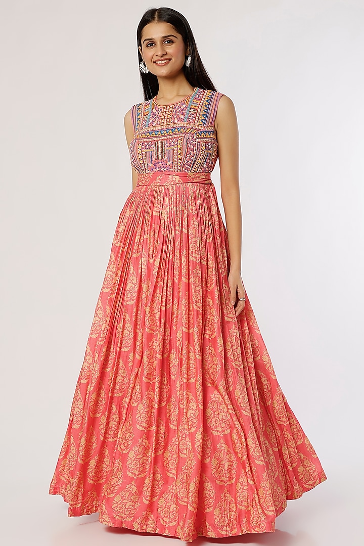 Coral Pink Printed & Embroidered Maxi Dress by Label Anushree