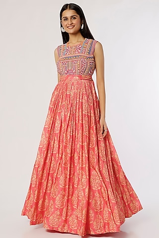 Coral Pink Printed & Embroidered Maxi Dress by Label Anushree