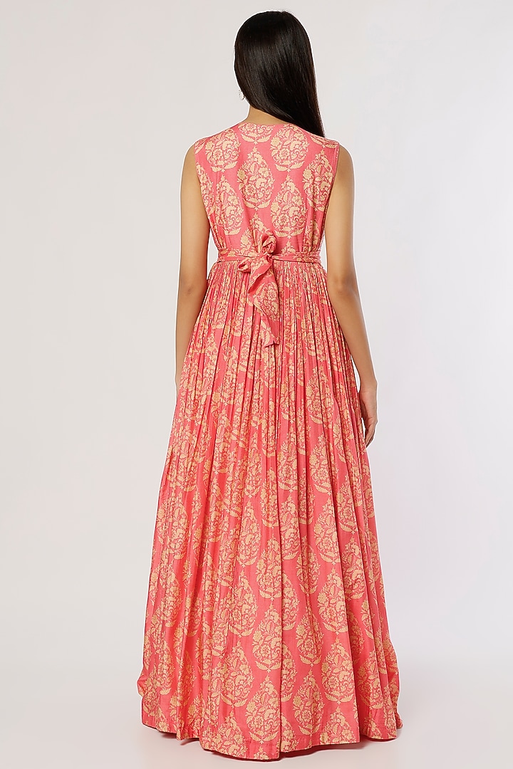 Coral Pink Printed & Embroidered Maxi Cocktail Dress by Label Anushree at Pernia's Pop Up Shop