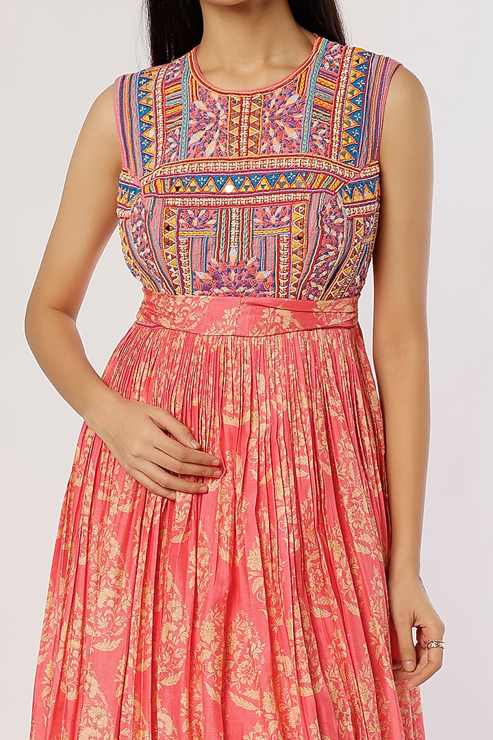 Coral Pink Printed & Embroidered Maxi Cocktail Dress by Label Anushree at Pernia's Pop Up Shop